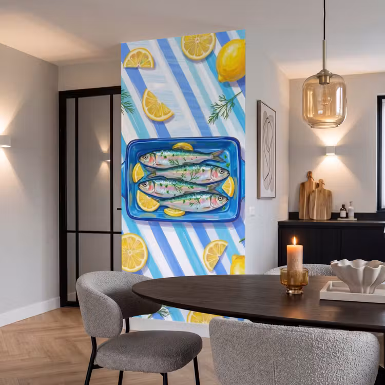 Tapete - Fisch – Zitrone – Kräuter – Essen – Blau - Vis - Citroen - Kruiden - Eten - Blauw Behang Vlies klein