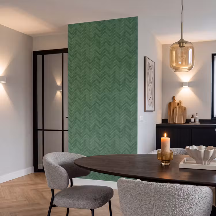 Visgraat - Wandtegel - Bosgroen Behang Vlies klein 1076 -sfeer3