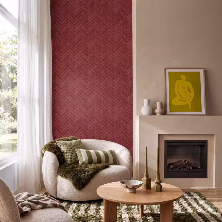 Visgraat - Wandtegel - Bordeaux - Rood Behang Vlies klein 1076 -sfeer2