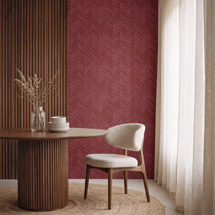 Visgraat - Wandtegel - Bordeaux - Rood Behang Vlies klein 1076 -sfeer1