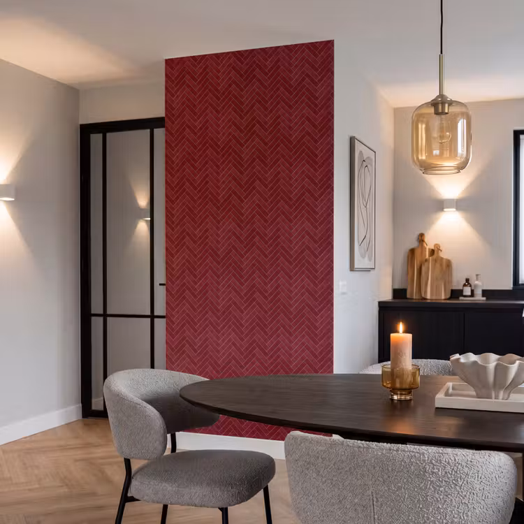 Visgraat - Wandtegel - Bordeaux - Rood Behang Vlies klein 1076 -sfeer3