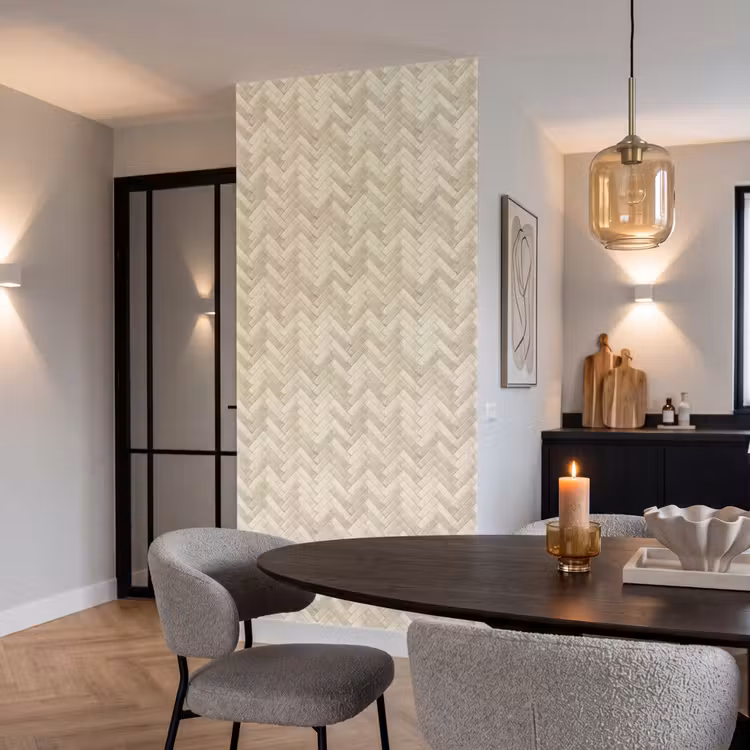 Visgraat - Wandtegel - Licht Beige Behang Vlies klein 1076 -sfeer3