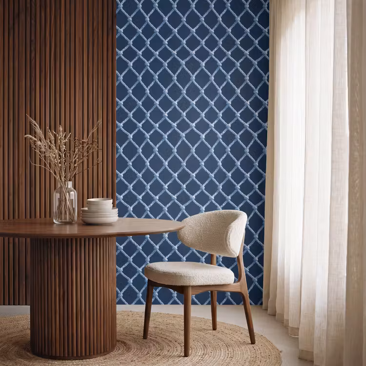 Visnet - Touw - Patroon - Marineblauw Behang Vlies klein 1076 -sfeer1