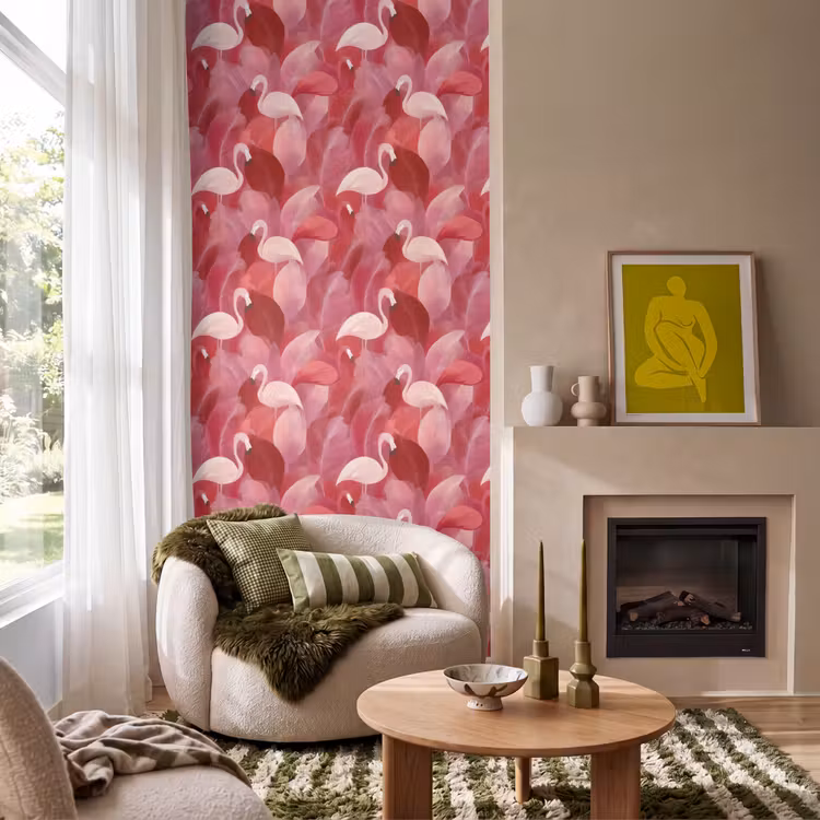 Flamingo - Botanisch - Elegant - Roze - Rood Behang Vlies klein 1076 -sfeer2