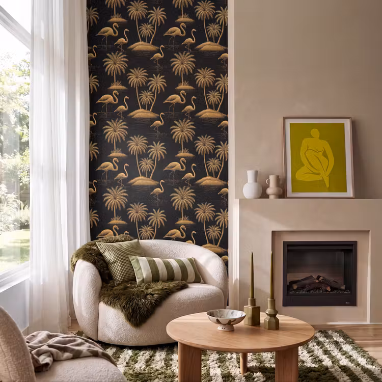 Tapete - Flamingo – Palmen – Tropisch – Gold – Schwarz - Flamingo - Palmbomen - Tropisch - Goud - Zwart Behang Vlies klein 1076