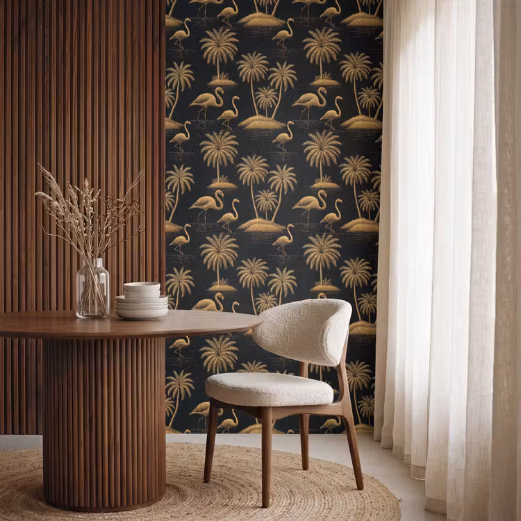 Tapete - Flamingo – Palmen – Tropisch – Gold – Schwarz - Flamingo - Palmbomen - Tropisch - Goud - Zwart Behang Vlies klein 1076