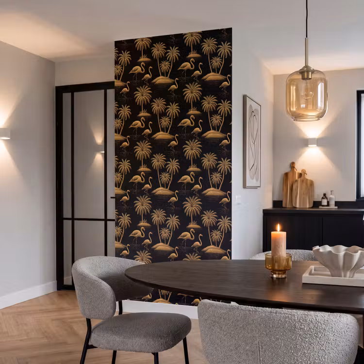 Tapete - Flamingo – Palmen – Tropisch – Gold – Schwarz - Flamingo - Palmbomen - Tropisch - Goud - Zwart Behang Vlies klein 1076