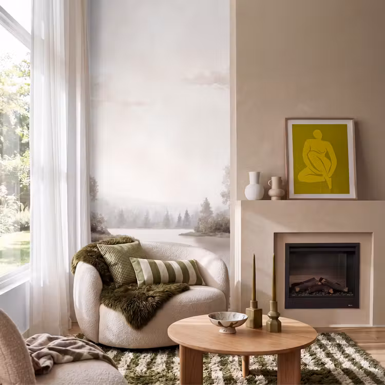 Rivierlandschap - Minimalistisch - Aardetinten Behang Vlies klein -sfeer2