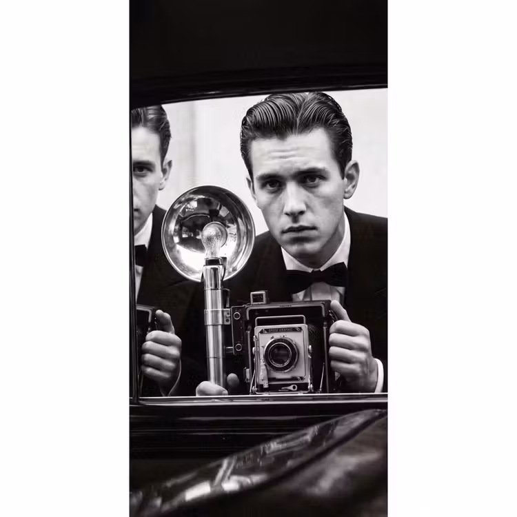 Fotograaf - Camera - Vintage - Journalistiek - Zwart-wit Behang Vlies klein -3d_website