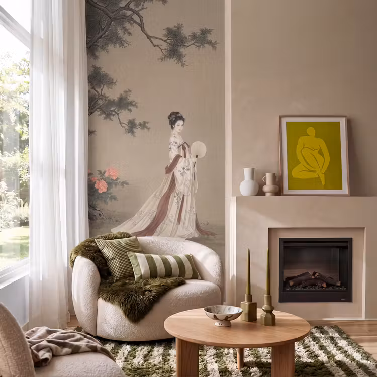Vrouw - Azië - Kunst - Beige Behang Vlies klein -sfeer2