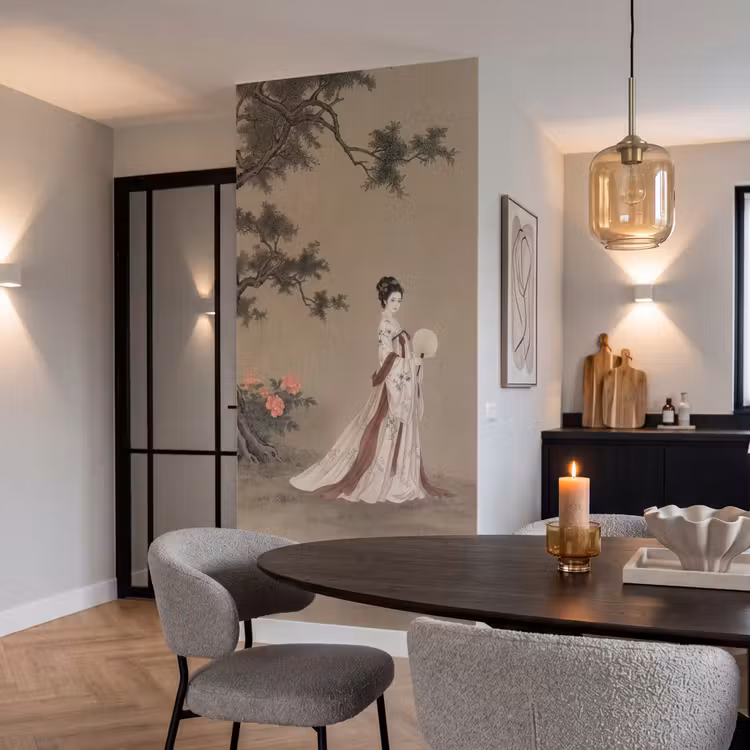 Vrouw - Azië - Kunst - Beige Behang Vlies klein -sfeer3