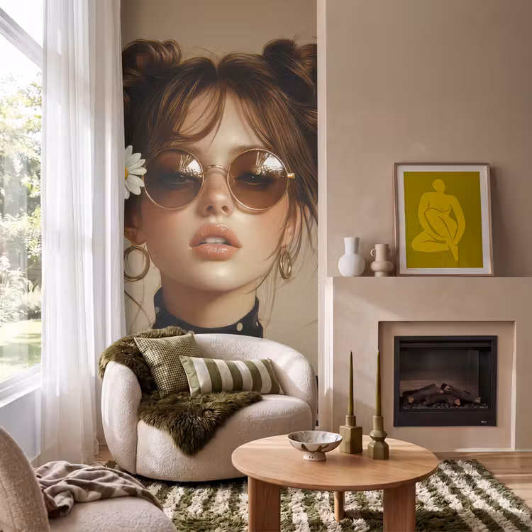 Vrouw - Beige - Bloem - Modern - Portret Behang Vlies klein -sfeer2