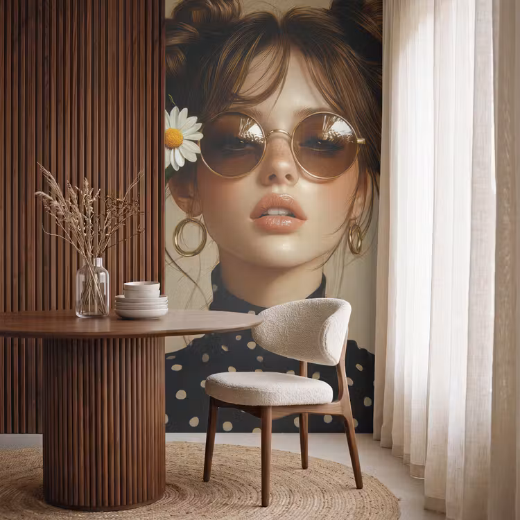 Vrouw - Beige - Bloem - Modern - Portret Behang Vlies klein -sfeer1