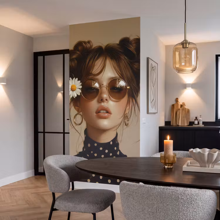 Vrouw - Beige - Bloem - Modern - Portret Behang Vlies klein -sfeer3