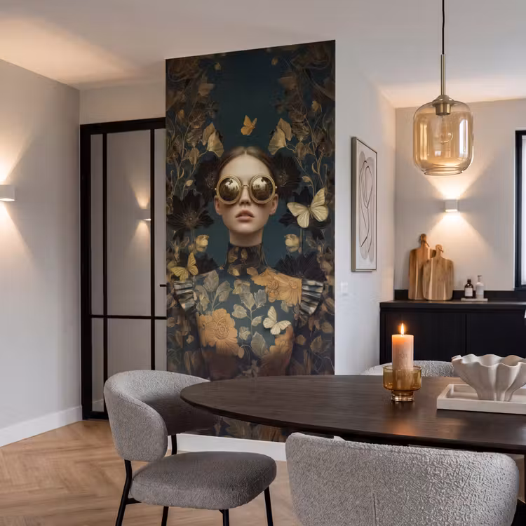 Vrouw - Bladeren - Goud - Vlinders Behang Vlies klein -sfeer3