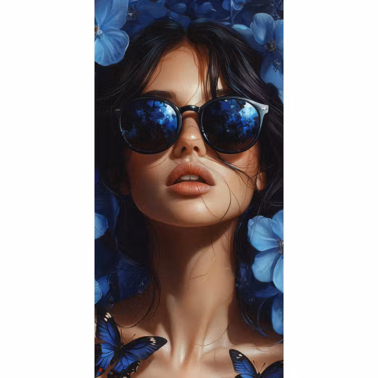 Vrouw - Blauw - Bloemen - Vlinders - Natuur Behang Vlies klein -3d_website