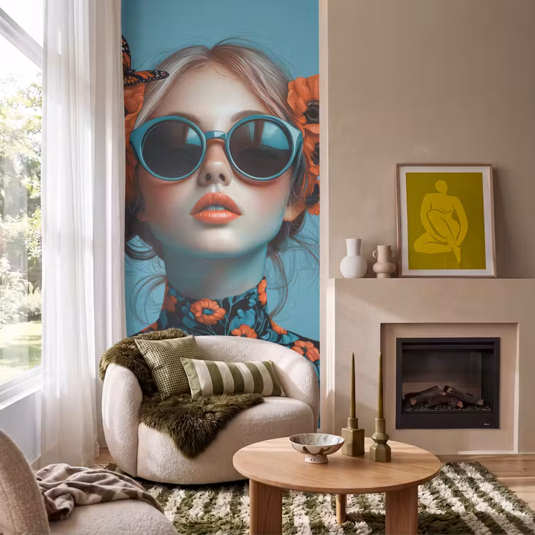 Vrouw - Blauw - Vlinder - Bloemen - Aesthetic Behang Vlies klein -sfeer2