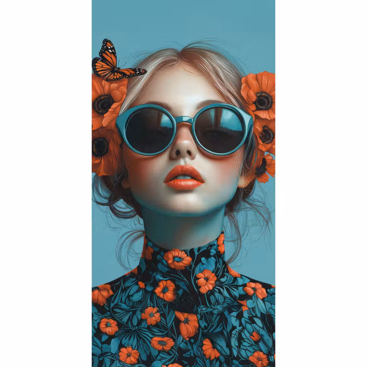Vrouw - Blauw - Vlinder - Bloemen - Aesthetic Behang Vlies klein -3d_website