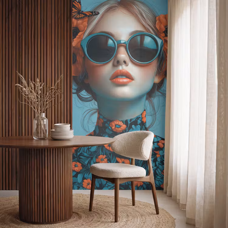 Vrouw - Blauw - Vlinder - Bloemen - Aesthetic Behang Vlies klein -sfeer1