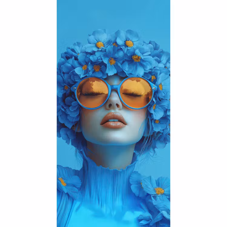 Vrouw - Bloem - Blauw - Modern - Bril - Portret Behang Vlies klein -3d_website