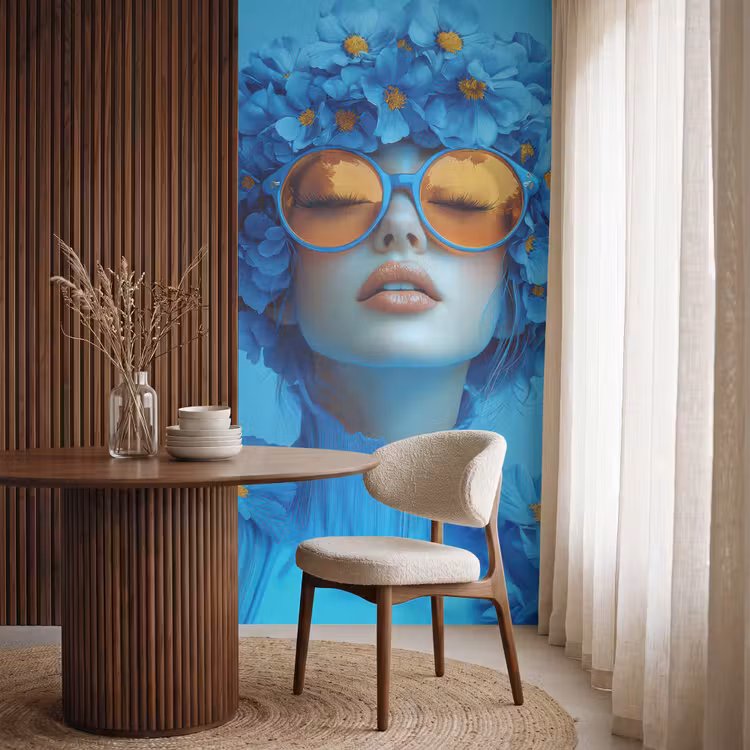 Vrouw - Bloem - Blauw - Modern - Bril - Portret Behang Vlies klein -sfeer1