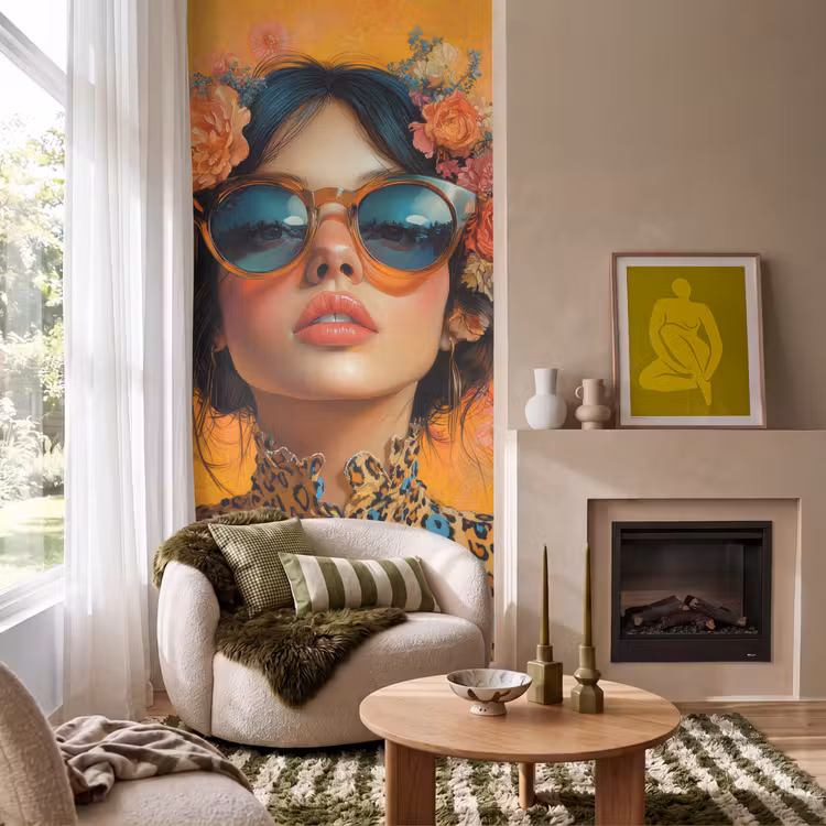 Vrouw - Bloemen - Aesthetic - Oranje Behang Vlies klein -sfeer2