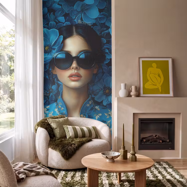 Vrouw - Bloemen - Blauw - Aesthetic - Luxe Behang Vlies klein -sfeer2