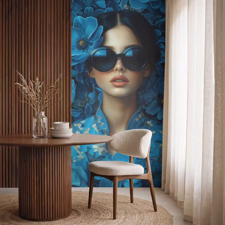 Vrouw - Bloemen - Blauw - Aesthetic - Luxe Behang Vlies klein -sfeer1