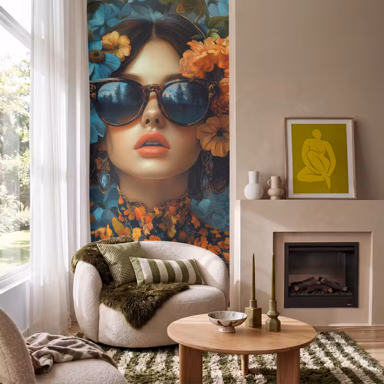 Vrouw - Bloemen - Oranje - Blauw - Modern Behang Vlies klein -sfeer2