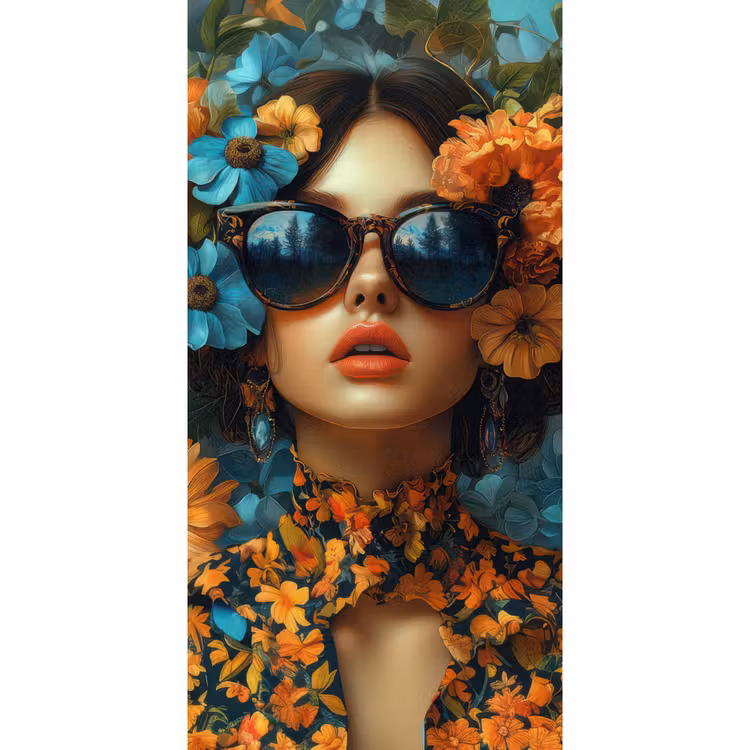 Vrouw - Bloemen - Oranje - Blauw - Modern Behang Vlies klein -3d_website