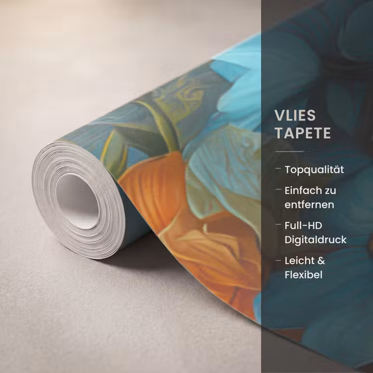 Vrouw - Bloemen - Oranje - Blauw - Modern Behang Vlies klein -USP_closeupDE