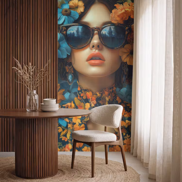Vrouw - Bloemen - Oranje - Blauw - Modern Behang Vlies klein -sfeer1