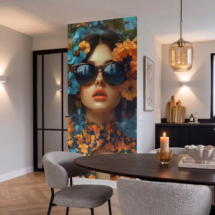 Vrouw - Bloemen - Oranje - Blauw - Modern Behang Vlies klein -sfeer3