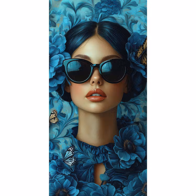 Vrouw - Bloemen - Vlinders - Blauw - Abstract Behang Vlies klein -3d_website
