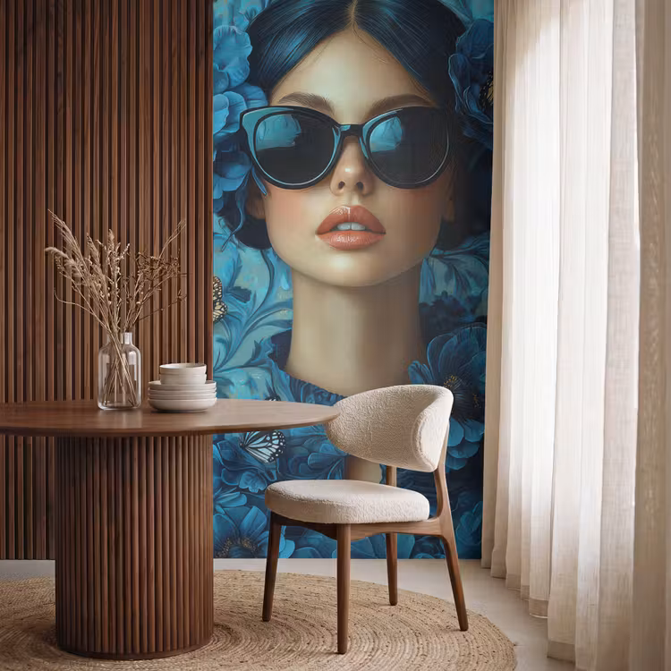 Vrouw - Bloemen - Vlinders - Blauw - Abstract Behang Vlies klein -sfeer1