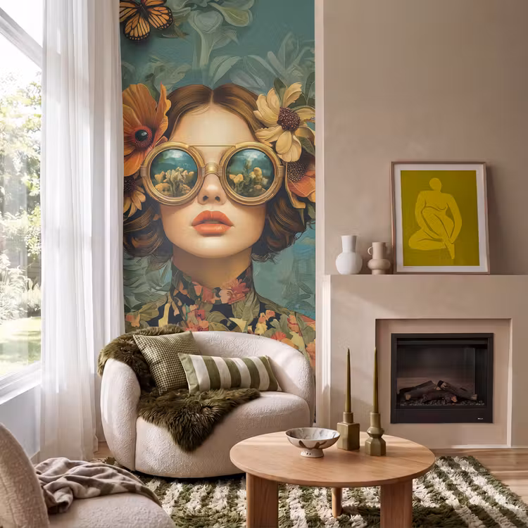 Vrouw - Bloemen - Vlinders - Natuur - Vintage Behang Vlies klein -sfeer2
