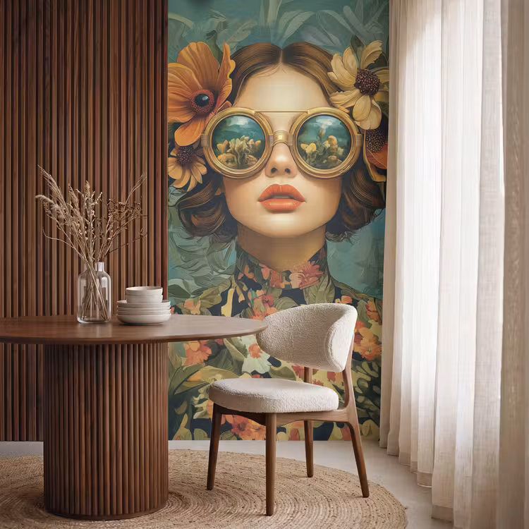 Vrouw - Bloemen - Vlinders - Natuur - Vintage Behang Vlies klein -sfeer1