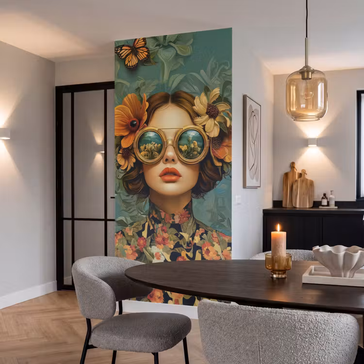 Vrouw - Bloemen - Vlinders - Natuur - Vintage Behang Vlies klein -sfeer3