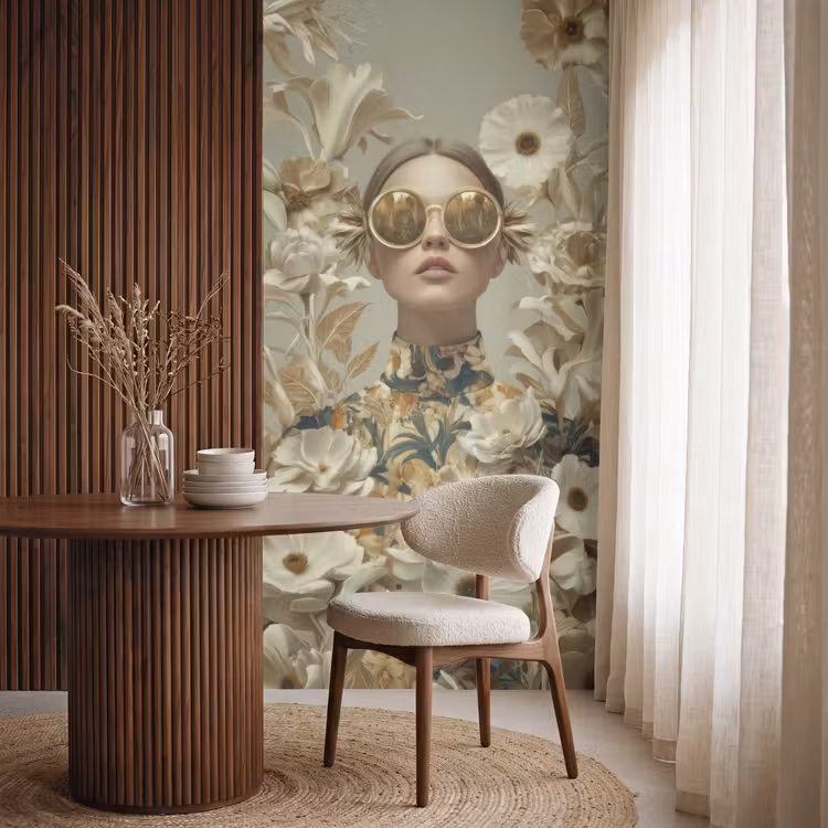 Vrouw - Bloemen - Zonnebril - Wit Behang Vlies klein -sfeer1
