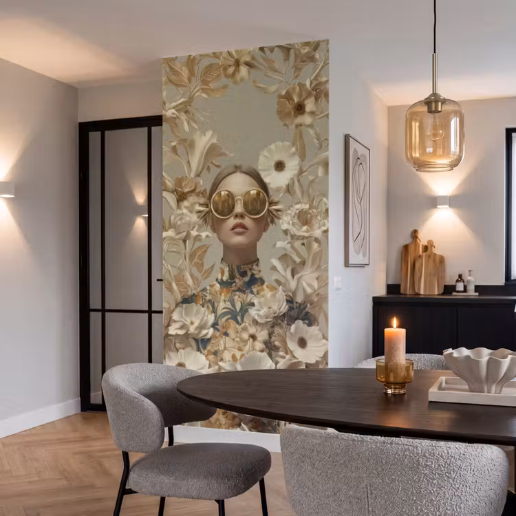 Vrouw - Bloemen - Zonnebril - Wit Behang Vlies klein -sfeer3