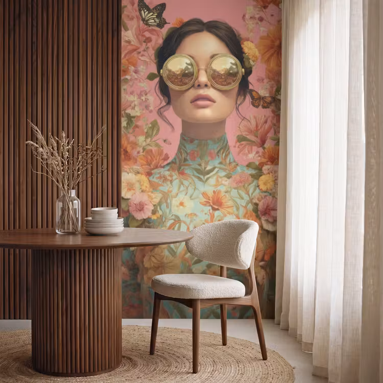 Vrouw - Bril - Roze - Bloemen Behang Vlies klein -sfeer1
