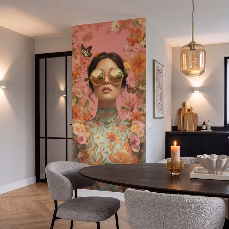 Vrouw - Bril - Roze - Bloemen Behang Vlies klein -sfeer3