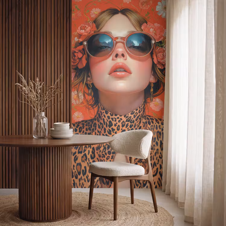 Vrouw - Kleurrijk - Dierenprint - Bloemen Behang Vlies klein -sfeer1