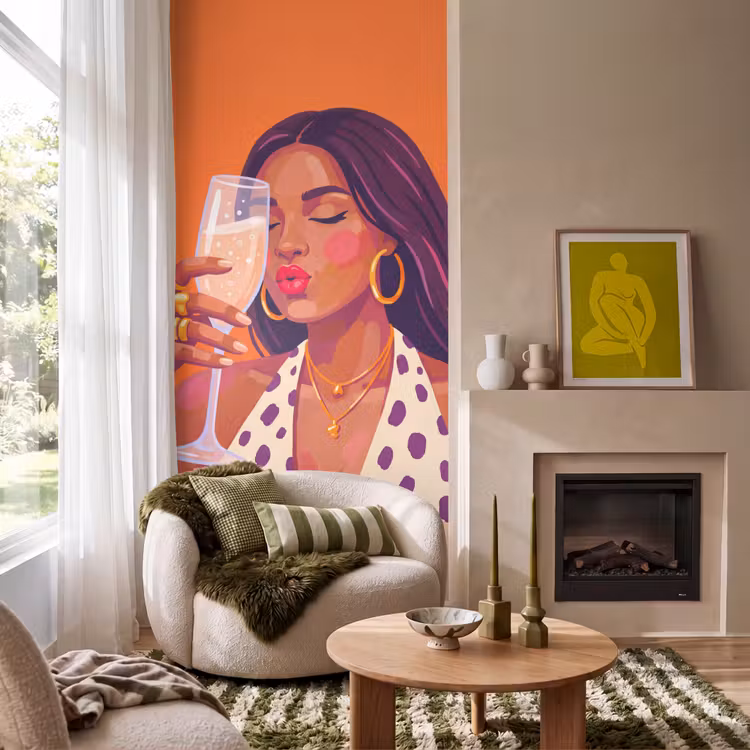 Vrouw - Champagne - Feest - Modern - Oranje Behang Vlies klein -sfeer2