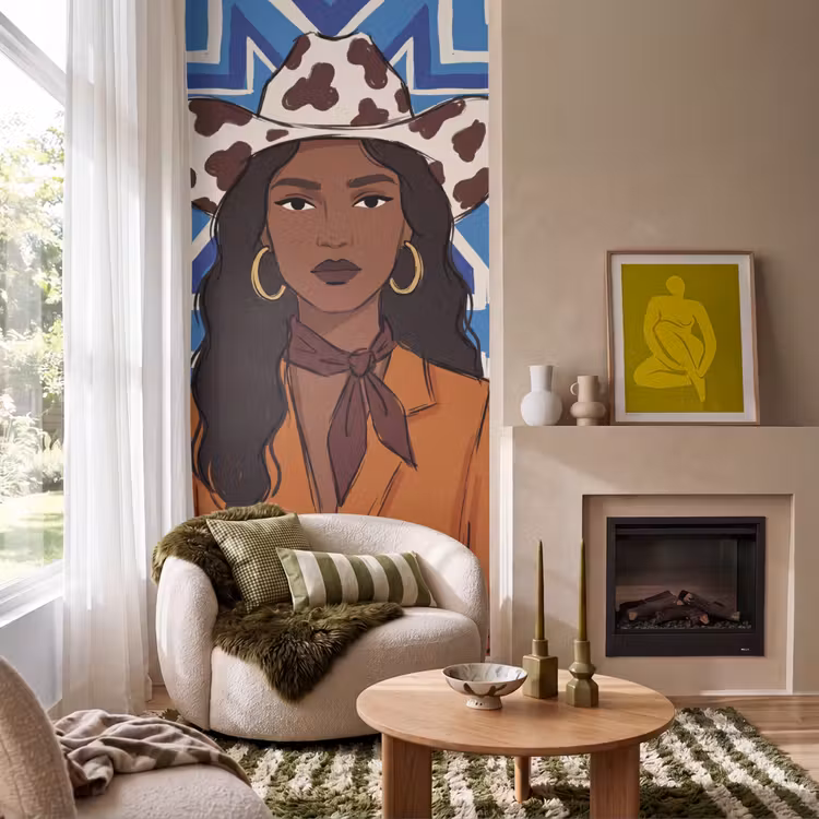 Vrouw - Cowboyhoed - Portret - Modern - Blauw Behang Vlies klein -sfeer2