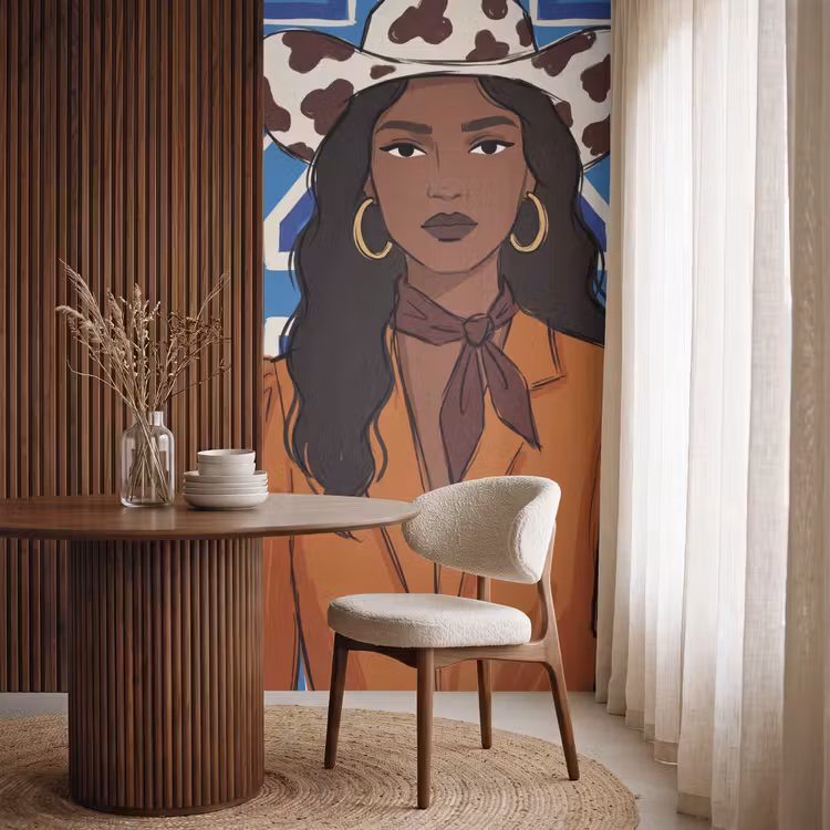 Vrouw - Cowboyhoed - Portret - Modern - Blauw Behang Vlies klein -sfeer1