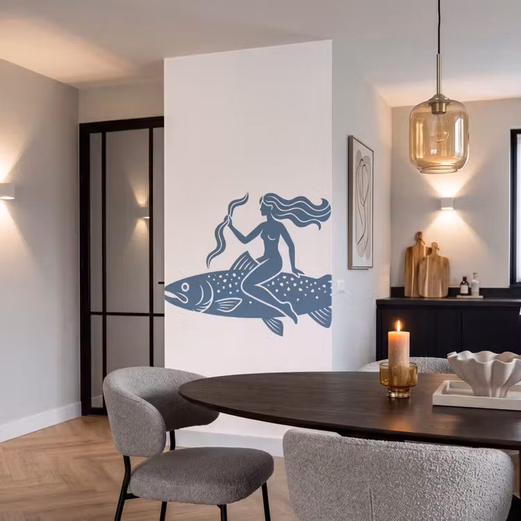 Vrouw - Vis - Fantasie - Abstract - Blauw Behang Vlies klein -sfeer3