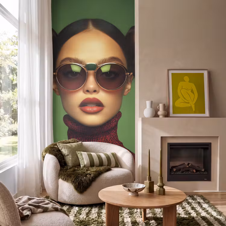 Vrouw - Groen - Bril - Aesthetic - Modern Behang Vlies klein -sfeer2