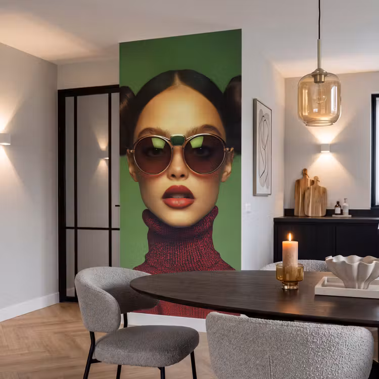 Vrouw - Groen - Bril - Aesthetic - Modern Behang Vlies klein -sfeer3