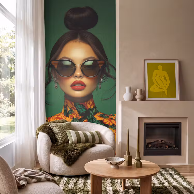 Vrouw - Groen - Modern - Bril - Abstract Behang Vlies klein -sfeer2